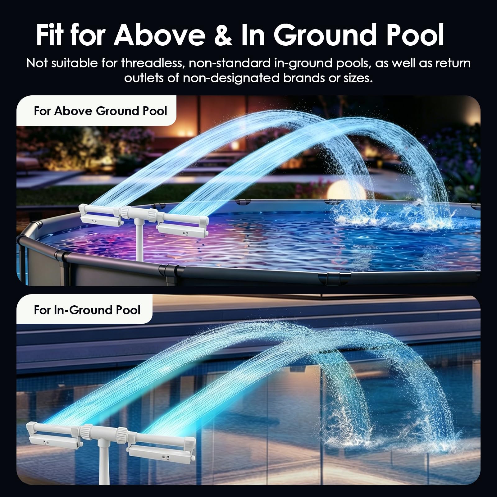 Tomshine Fontaine de piscine rechargeable avec lumières, 42 effets LED RVB, rotation à 360 °, double pulvérisation, 1800 mAh IP68, arroseur flottant submersible pour piscine hors sol/creusée