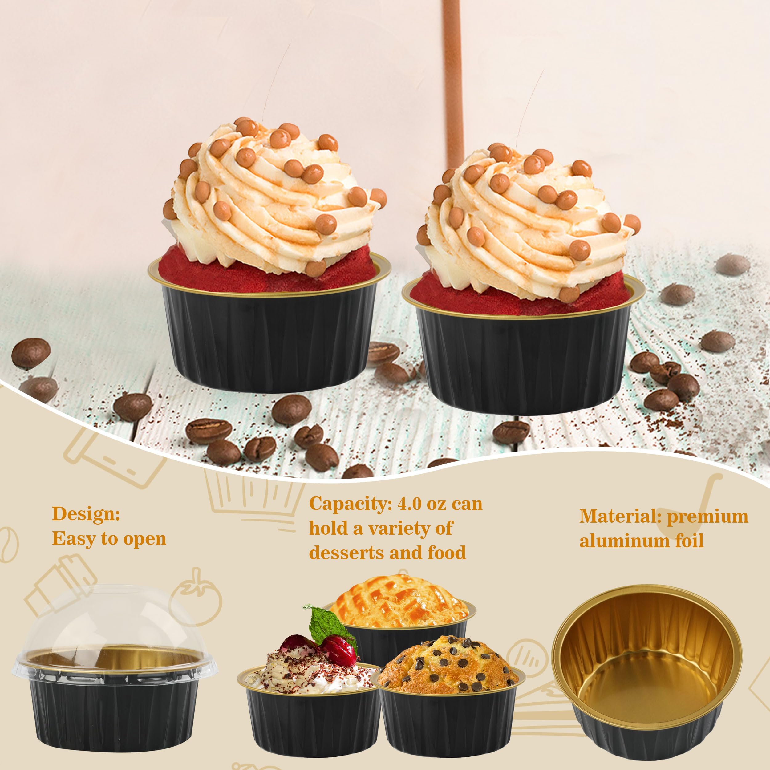 BAKINGPAK 50-Pack 4 Oz Aluminum Cupcake Liners With Clear Lids & Spoons - Disposable Mini Cake Pans - View #3