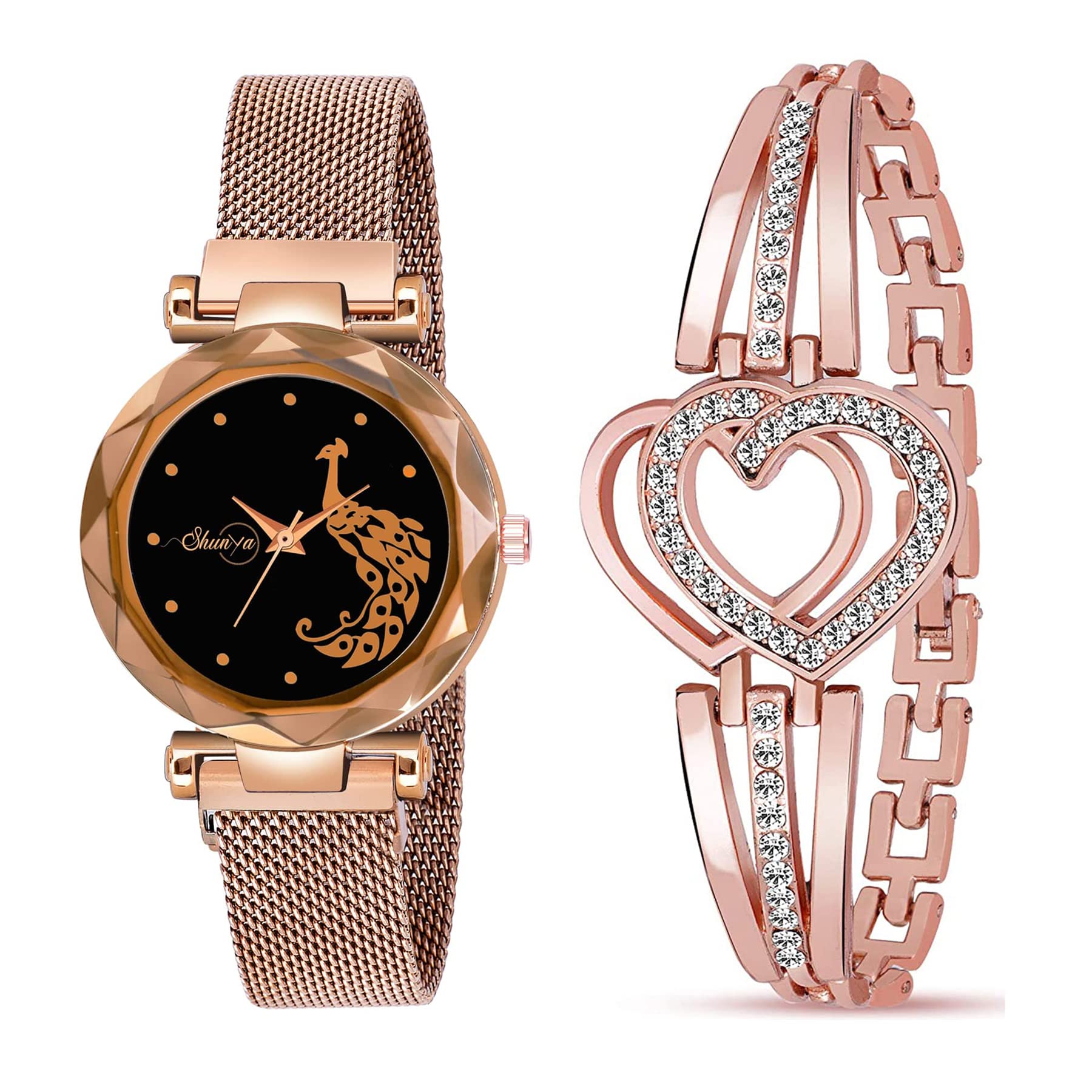 Shunya New Golden Peacock & Diamond Design Black Dial and Rose-Gold Belt Woman Stylish Watch Pack of-2 (B09TRDYT12) Amazon Price History, Amazon Price Tracker