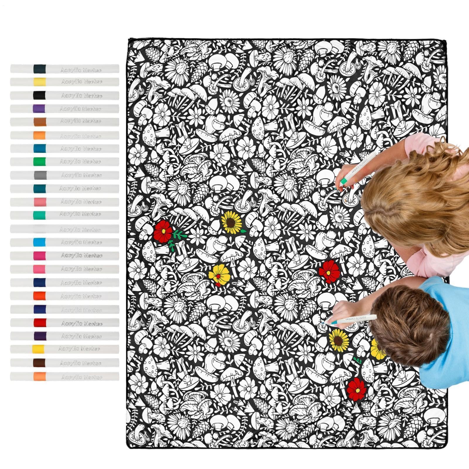 Couverture à colorier lavable 150x115cm avec 24 feutres pour loisirs créatifs