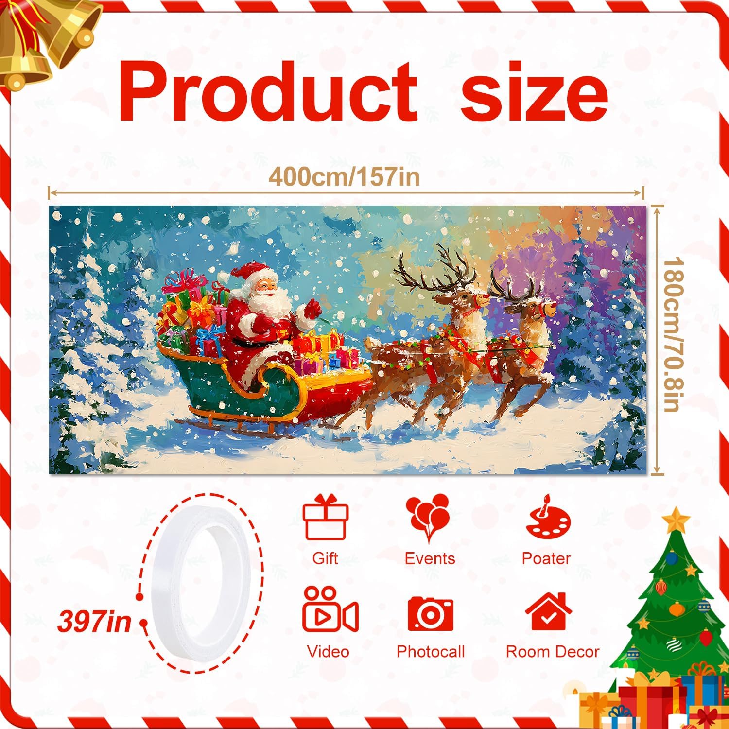 Christmas Garage Door Banner – Santa Claus with Sleigh & Reindeer Outdoor Decoration – 13×6 ft Holiday Garage Cover for Home, Yard, Party Decor