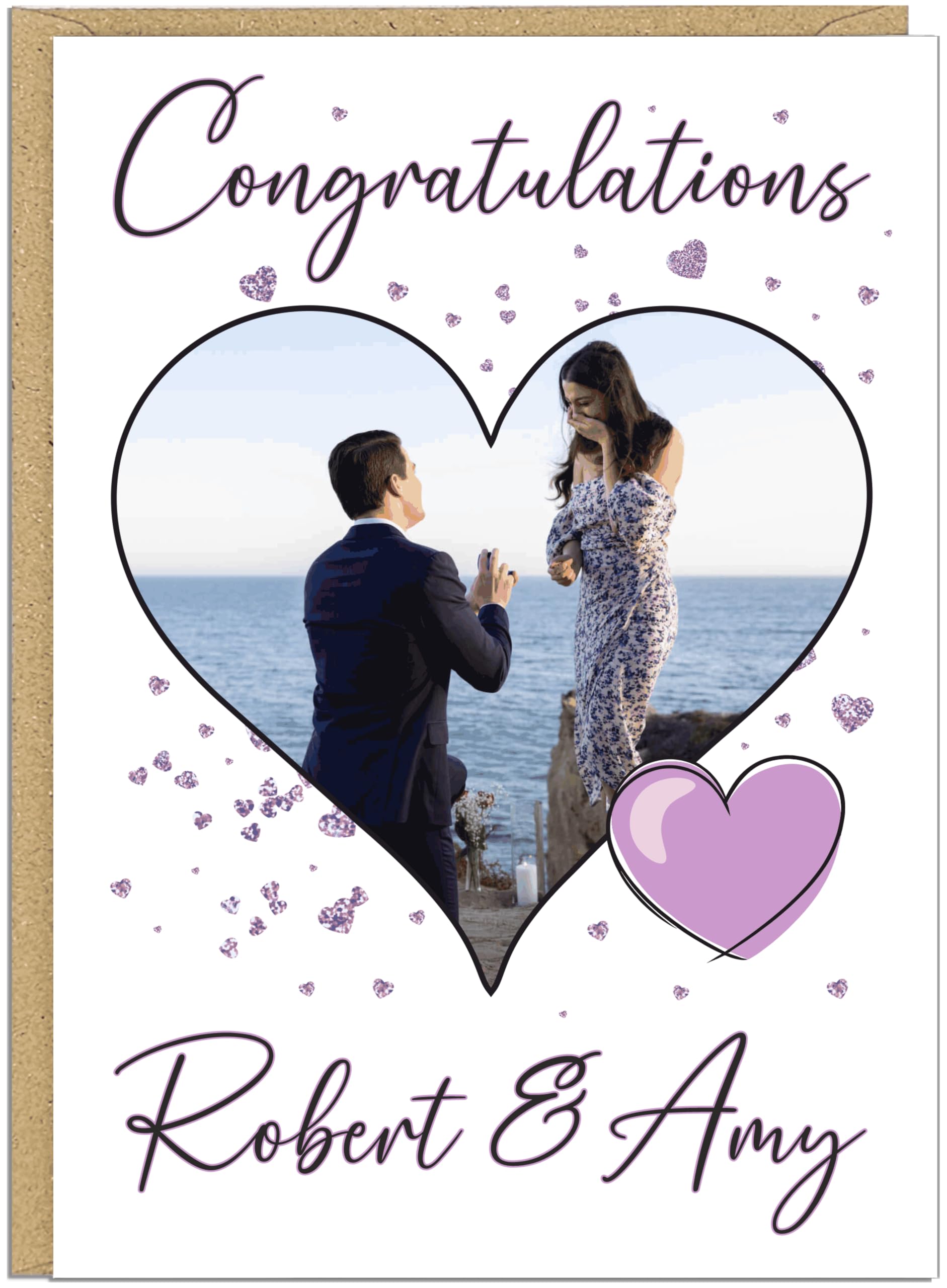 Couples Personalised Engagement Photo Cards - Colour Choice and Own Text Custom Heart Photo Upload Congratulations Card - For Him For Her Celebration Keepsake Engaged Gift, Lilac