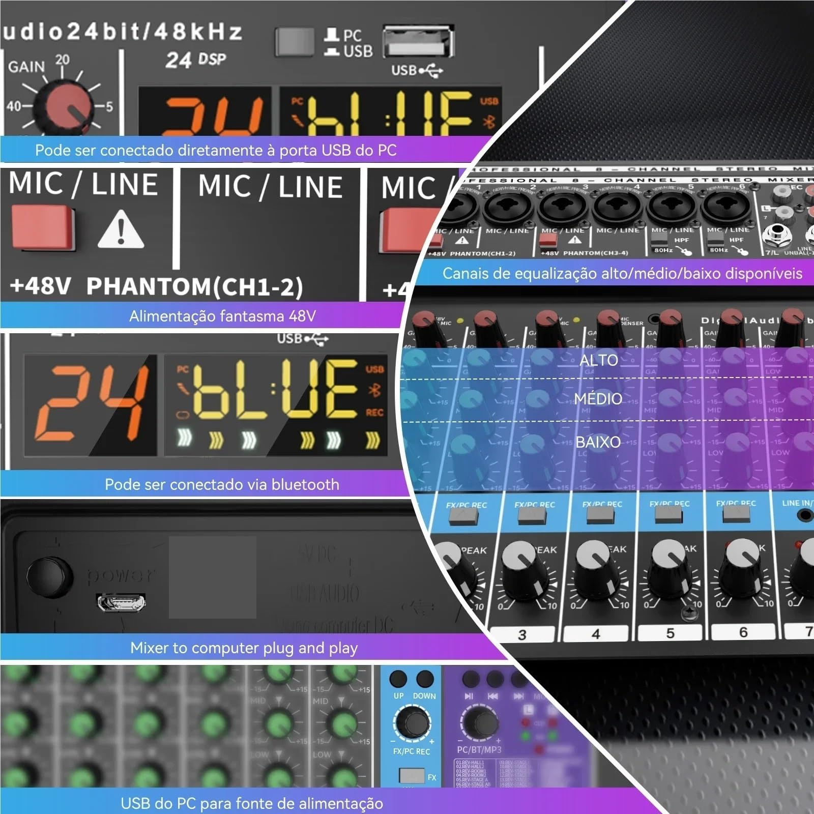Mixer Audio, Mixer Audio Professale Portatile A8 Da 2 Canali, 24, Scheda Digitale MP3, Ingresso Computer per streaming live, podcasting, PC