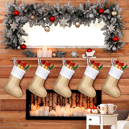 Miniatura 3 de Zhanmai 24 Piezas Medias de Arpillera de Navidad Sublimación Yute Natural Medias de Navidad para Colgar en Chimenea Navideña Decoración de Granja