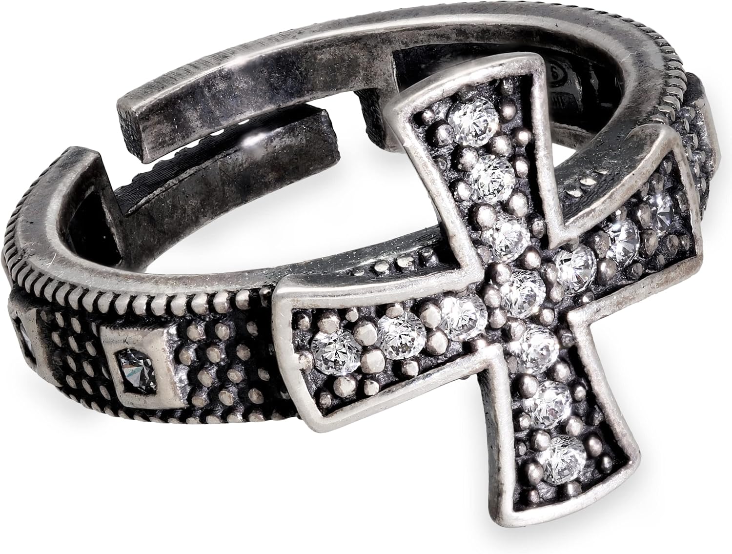 925 Sterling Silver Cross Ring for Women - Religious Symbol with Black or White Zirconia Stones, Oxidized Finish and Adjustable Open Band, Handmade by Emmanuela