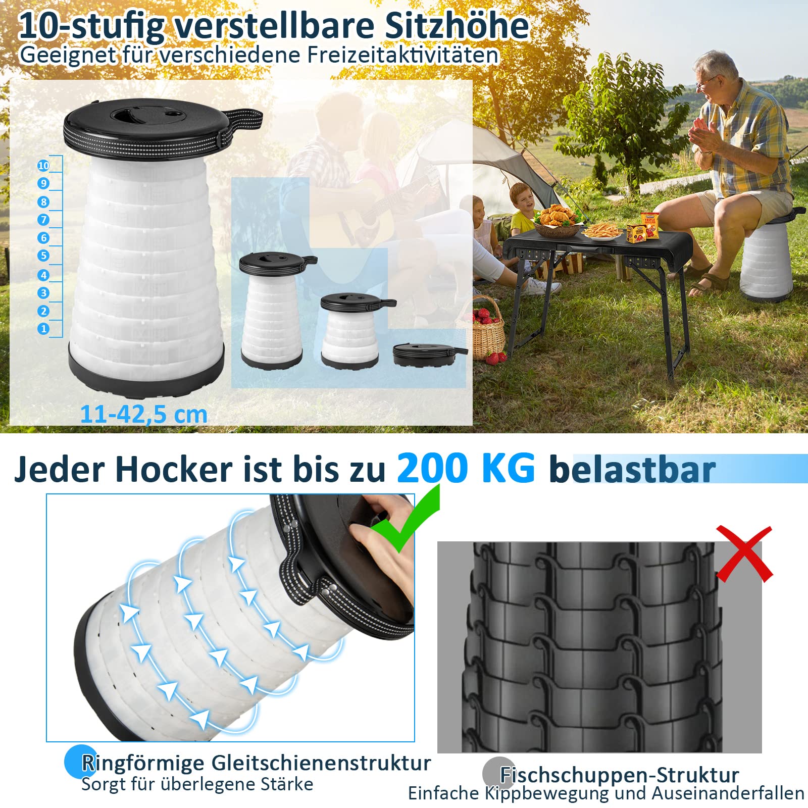 COSTWAY Tragbarer Klapptisch mit 2 LED Teleskophockern, Campingtisch und höhenverstellbarer Hocker, Campinghocker Klapphocker bis 200 kg belastbar, für Camping, Reisen, Angeln