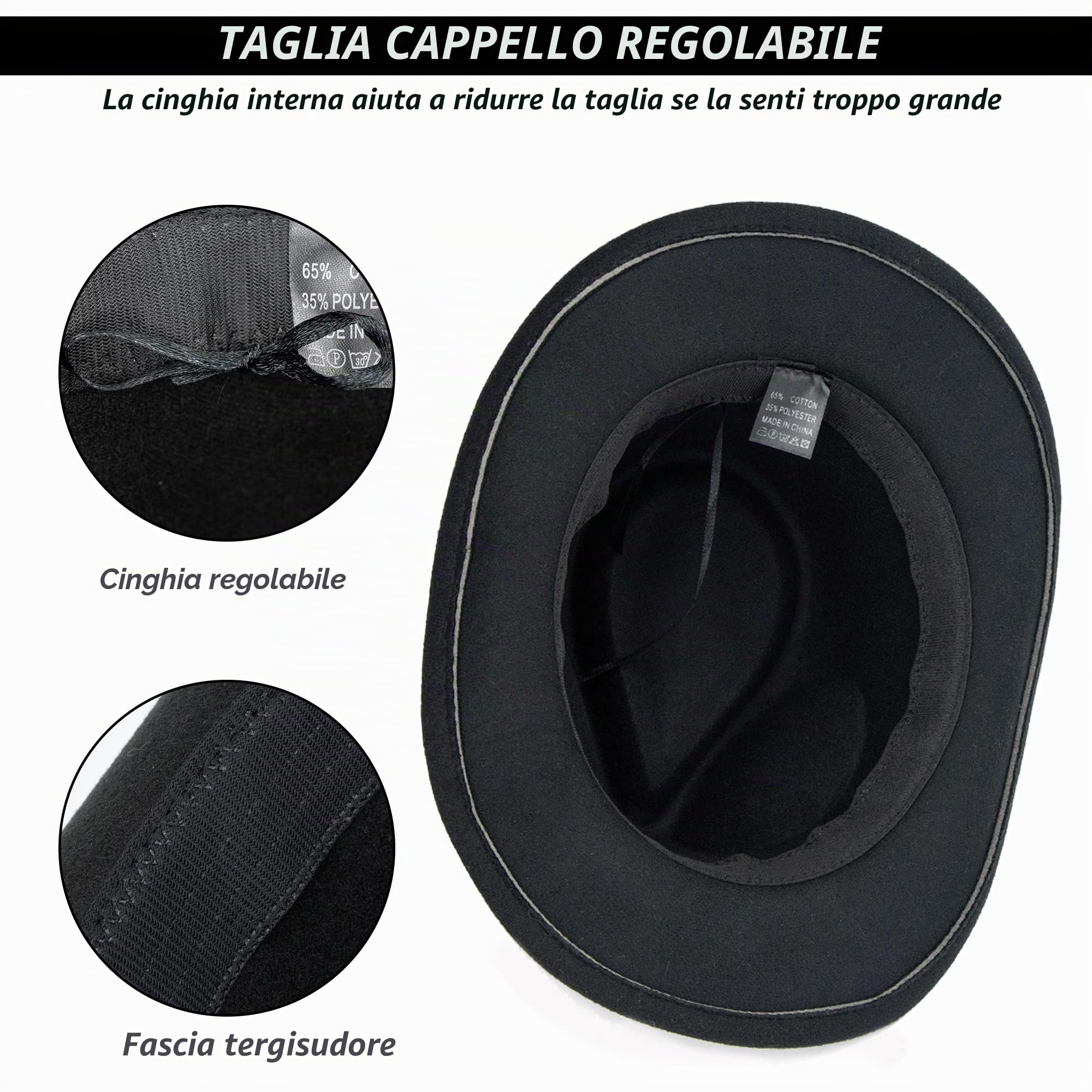Cappelli da Cowboy da Donna Classici in Feltro, a Tesa Larga, con Fibbia e Cintura, Nero, L