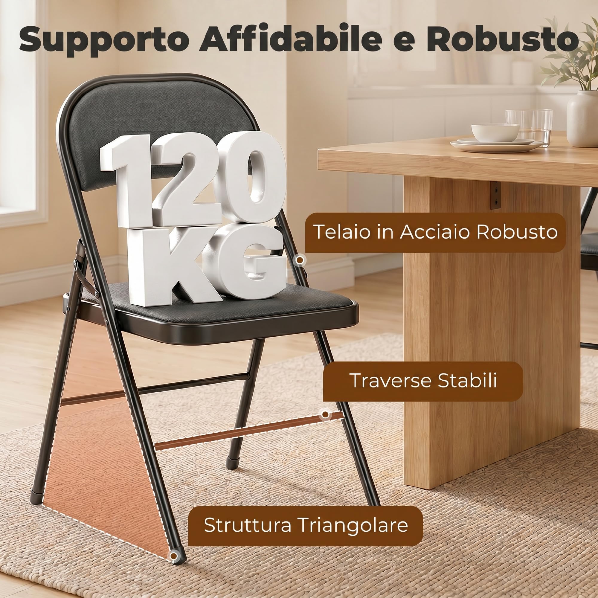 HOMCOM Set di 4 Sedie Pieghevoli Imbottite in Finta Pelle PU, Sedie Richiudibili Salvaspazio in Acciaio, Sedia Pieghevole da Interno per Casa, Ufficio, Festa ed Eventi, 45x46x78 cm, Nero
