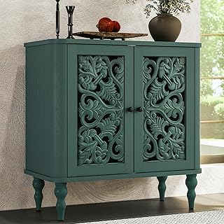 ARTPOWER Arc Carved Accent Cabinet with 2 Doors, French Country Sideboard Buffet Cabinet with Storage, Wooden Craft Credenza for Living Room, Dining Room, Entryway, Hallway, Green
