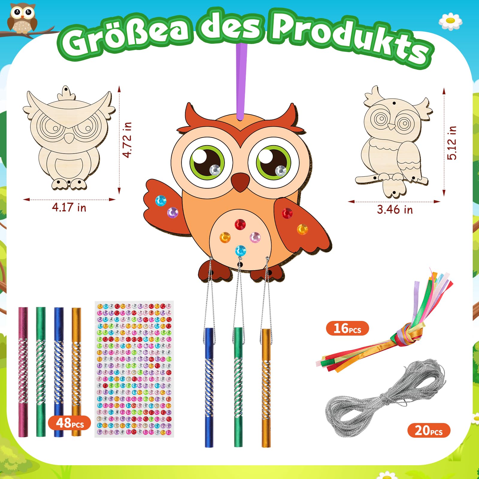 Set di 16 scacciapensieri per bambini, gufo in legno, per San Valentino, fai da te, in legno, per esterni, da appendere con diamanti adesivi, artigianato, regali di compleanno