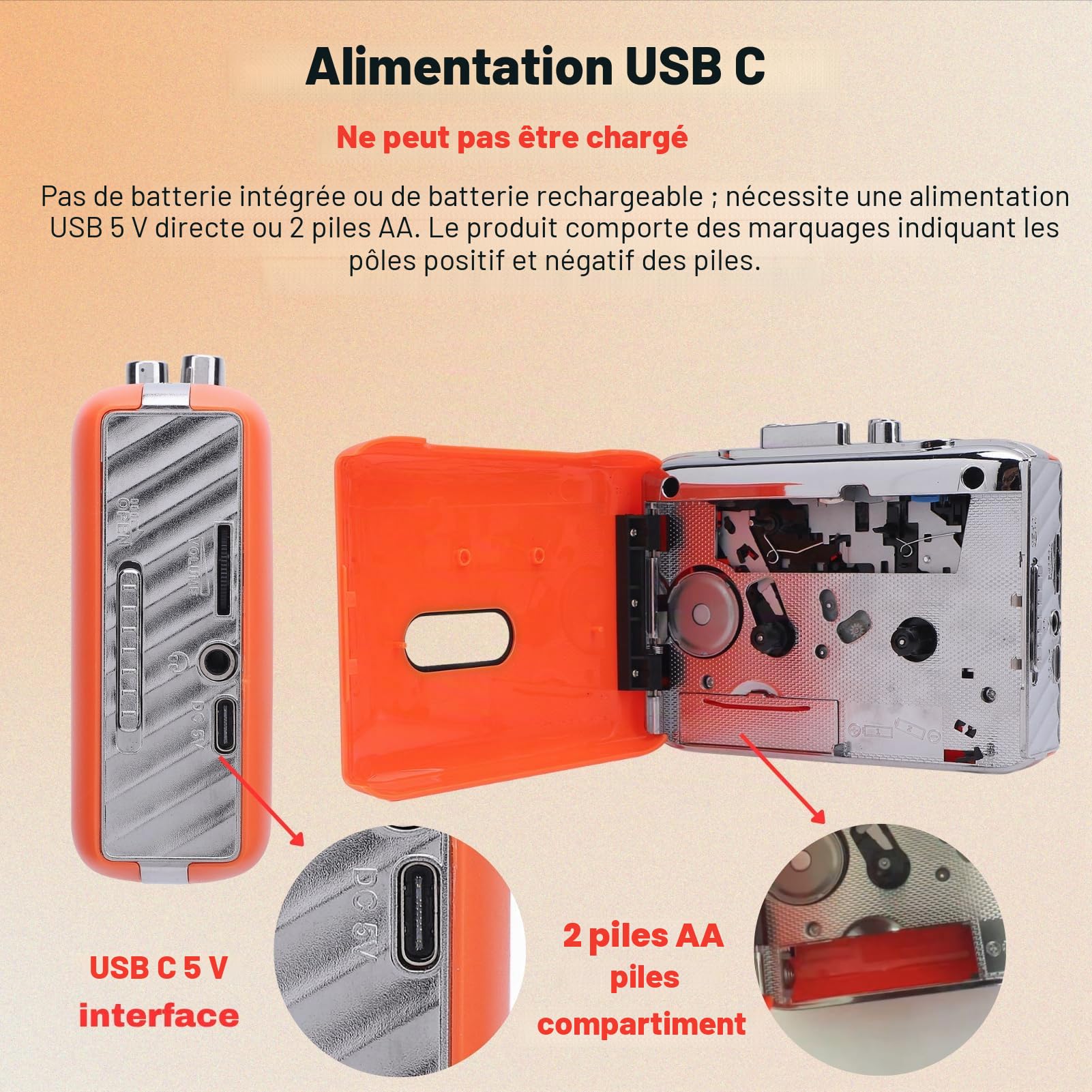 Convertisseur de Cassette USB à Cassette USB Portable avec Enregistreur de Microphone intégré et Socket de Casque Orange