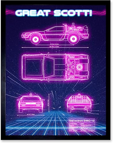 Póster enmarcado para decoración de pared de 12 x 16 pulgadas de Synthwave Blueprint de los años 80