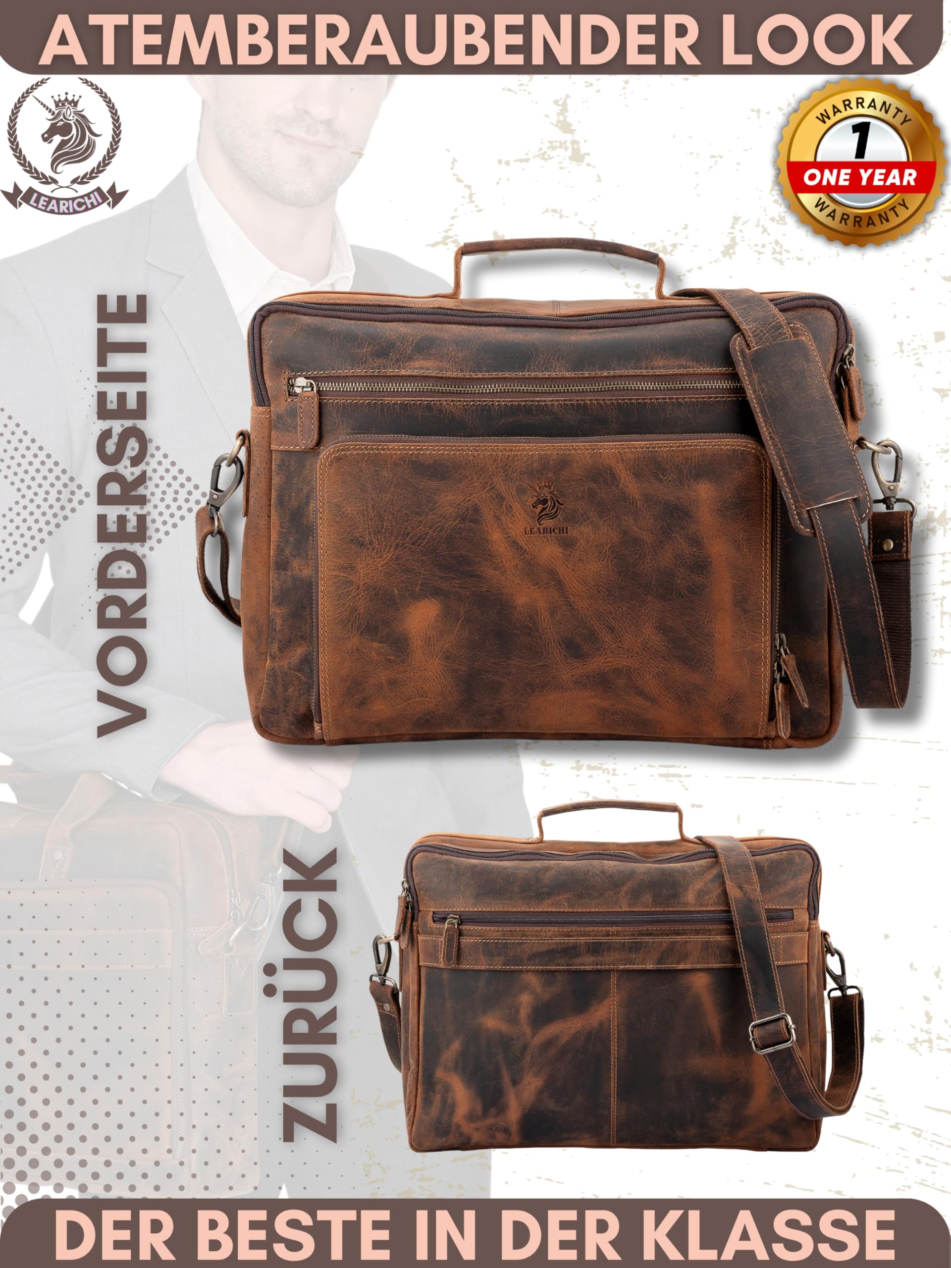 17 Zoll Echte Jäger Leder Laptop Schulter Aktentaschen für Herren Rustikale Vintage Braun Umhängetasche im Distressed Look, Messenger Arbeitstasche mit Gepolstertem Laptopfach
