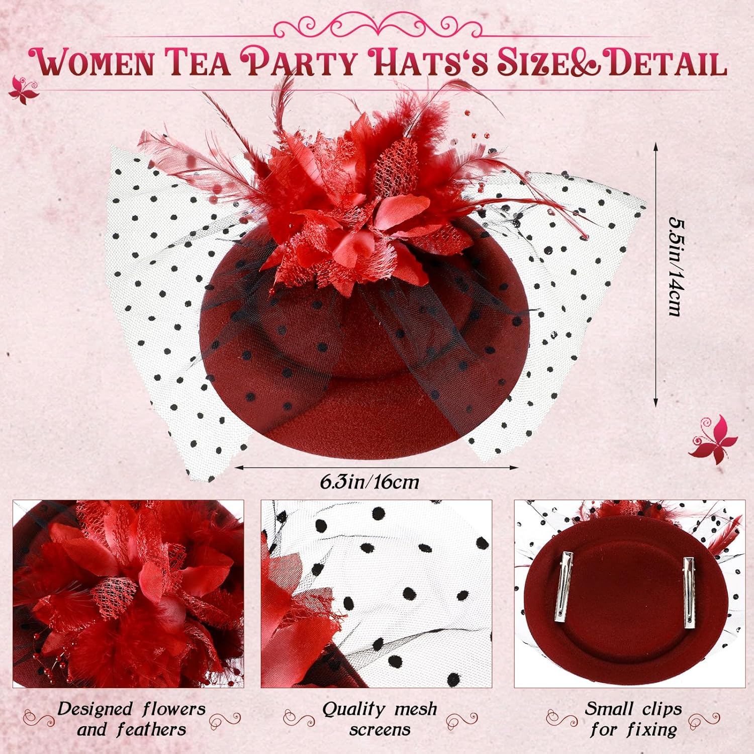 Jeyiour 15 Pcs Tea Party Hats for Women 20s Fascinators Pillbox Hats Headwear with Veil Flower Feathers for Wedding Church - Image 2
