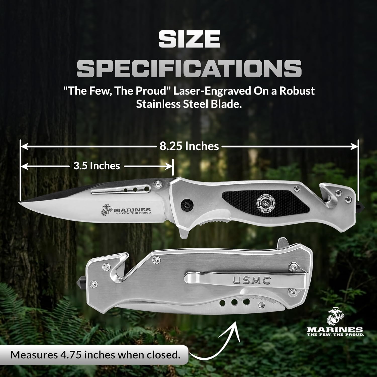 USMC Tactical Folding Knife–3.5 Inch Blade-Hunting, Rescue & Everyday Carry Gift for Marines Disabled Vet Owned Business | USMC Knife Silver