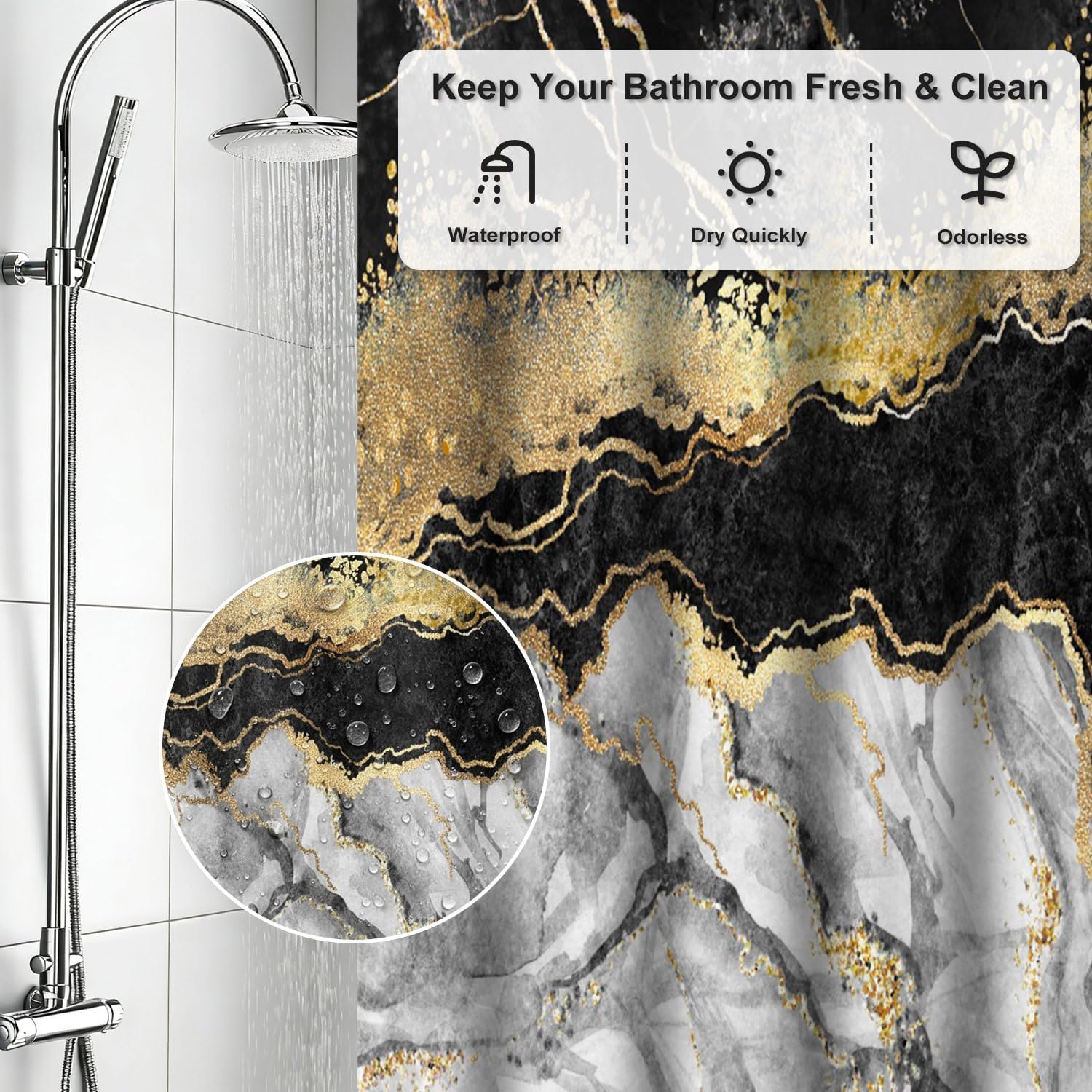 Marble Shower Curtain, Black and Gold Texture Abstract Luxury Shower Curtains for Bathroom Decor Waterproof Fabric Easy Care with Hooks 72x78in
