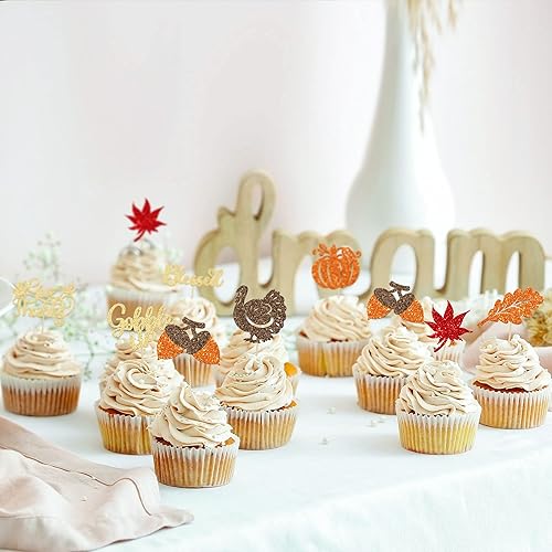 Miniatura 4 de Gyufise 24 adornos para cupcakes de Acción de Gracias, pavo, hojas de arce, calabaza, avellana, temática de otoño, selecciones para cupcakes,