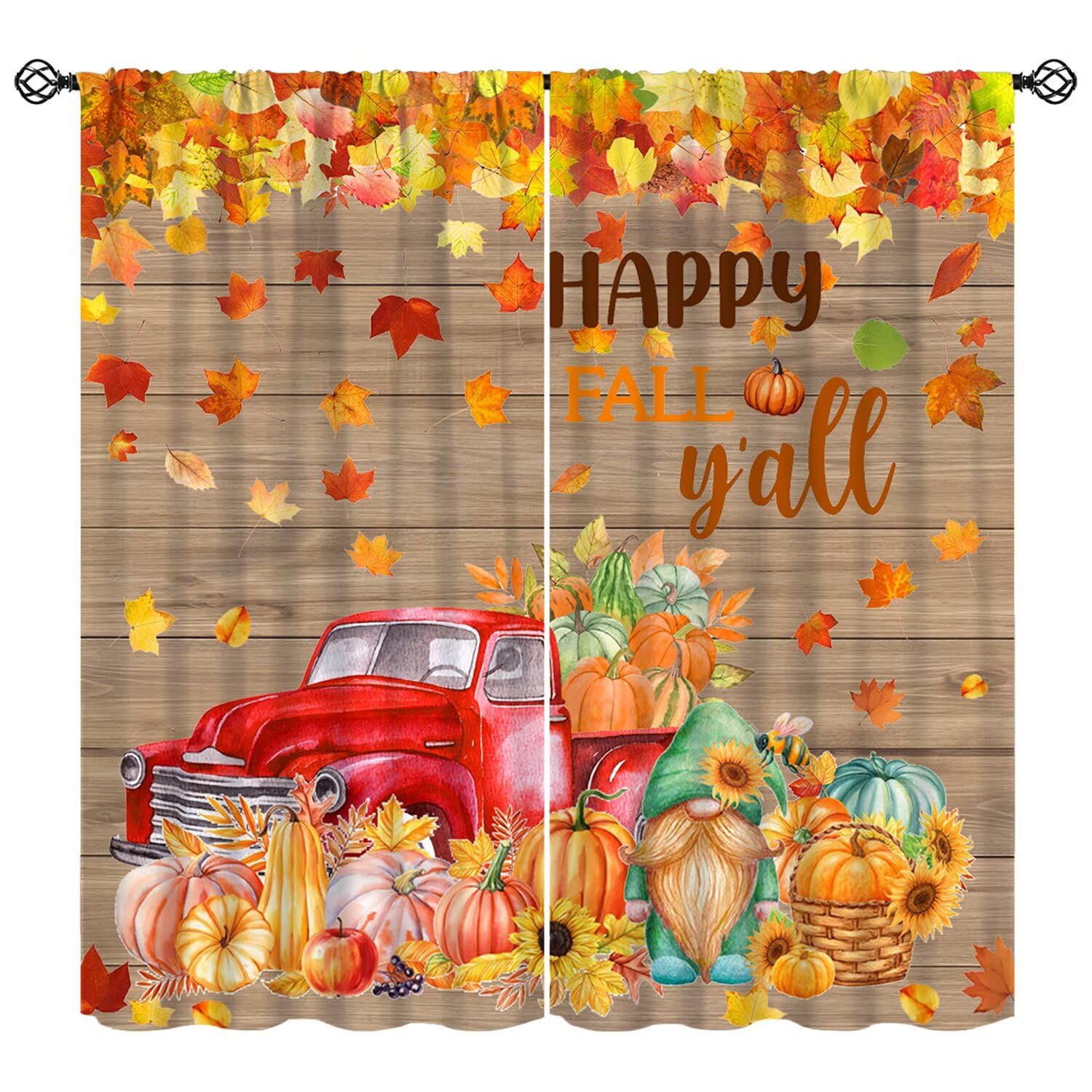 Moderw Fall Pumpkin Curtain, Happy Fall Yall Harvest Maple Leaves Window Treatment Autumn Thanksgiving Rustic Farmhouse Drapes for Bedroom Living Room Kitchen W55xL63in