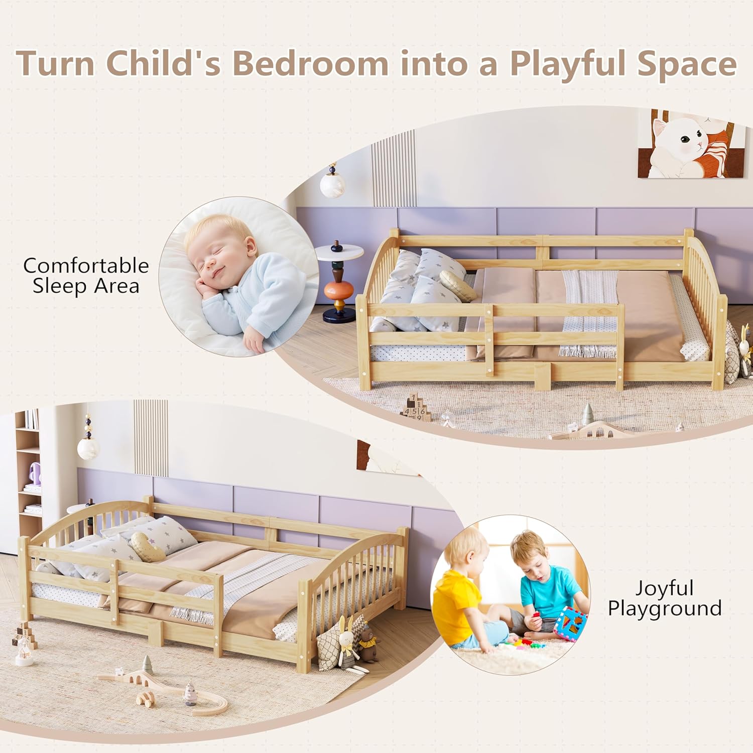 Illustration showing the Bellemave Montessori Floor Bed creating both a comfortable sleep area and a joyful play area for children.