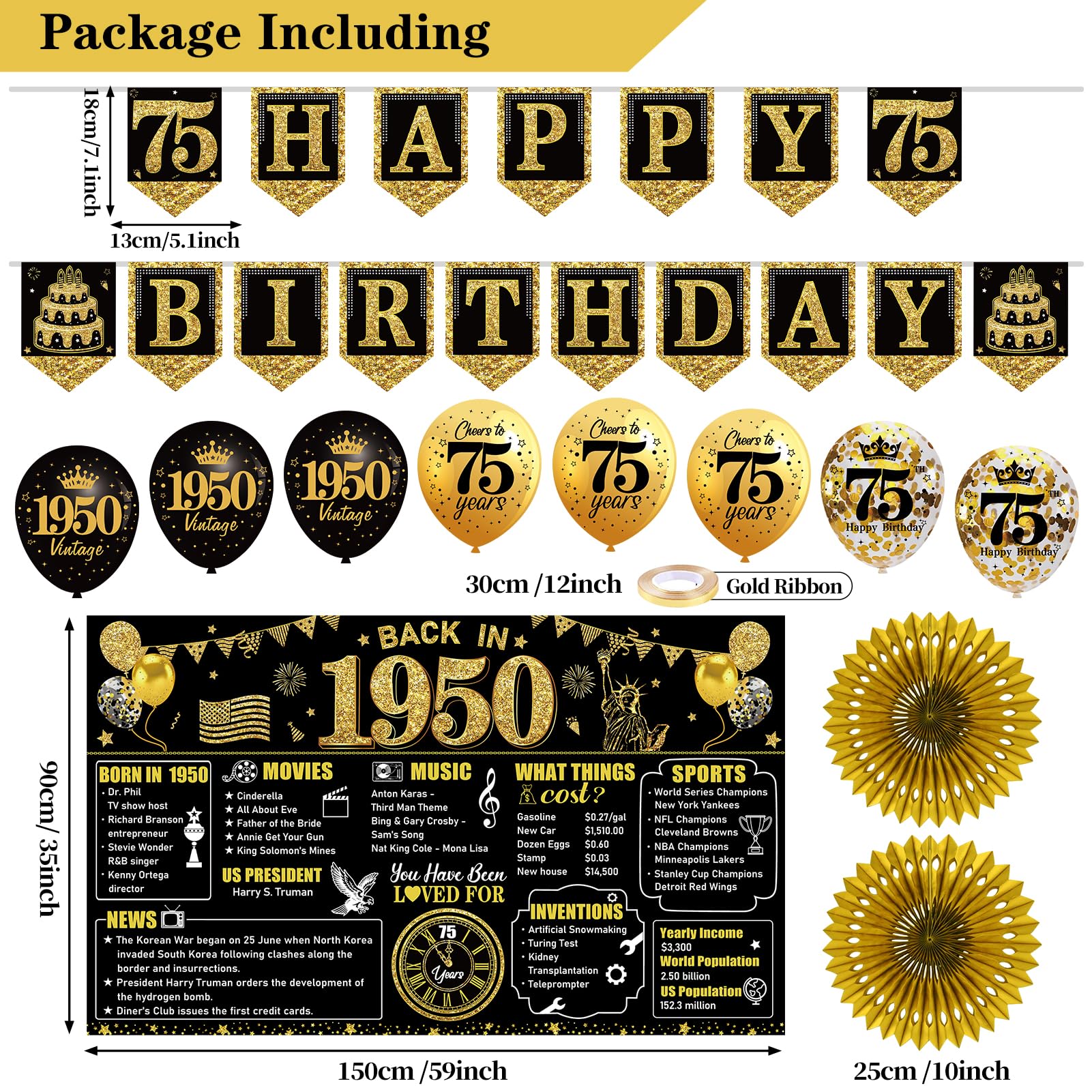 75th Birthday Decorations Kit for Men Women, Black Gold 24PCS Back in 1950 Banner Decorations , Vintage 1950 Banner Wooden Table Sign Poster Hanging Swirl Balloons Papar Fans Cheers to 75 years