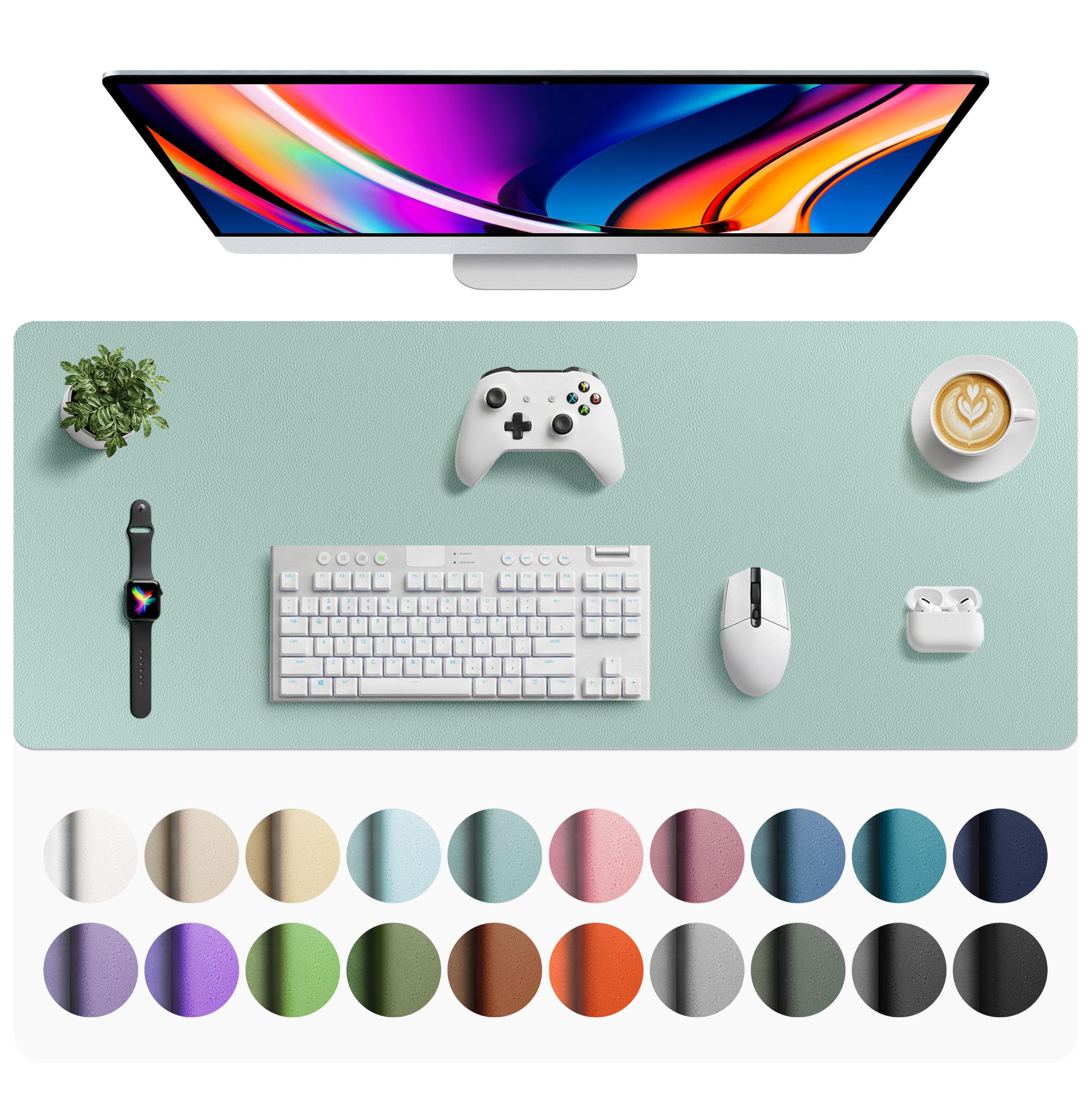 Aothia Faux Leather Desk Mat - Large Mouse Pad, Non-Slip PU Leather Blotter, Waterproof Writing Surface for Office and Home (Light Blue, 42" x 17")