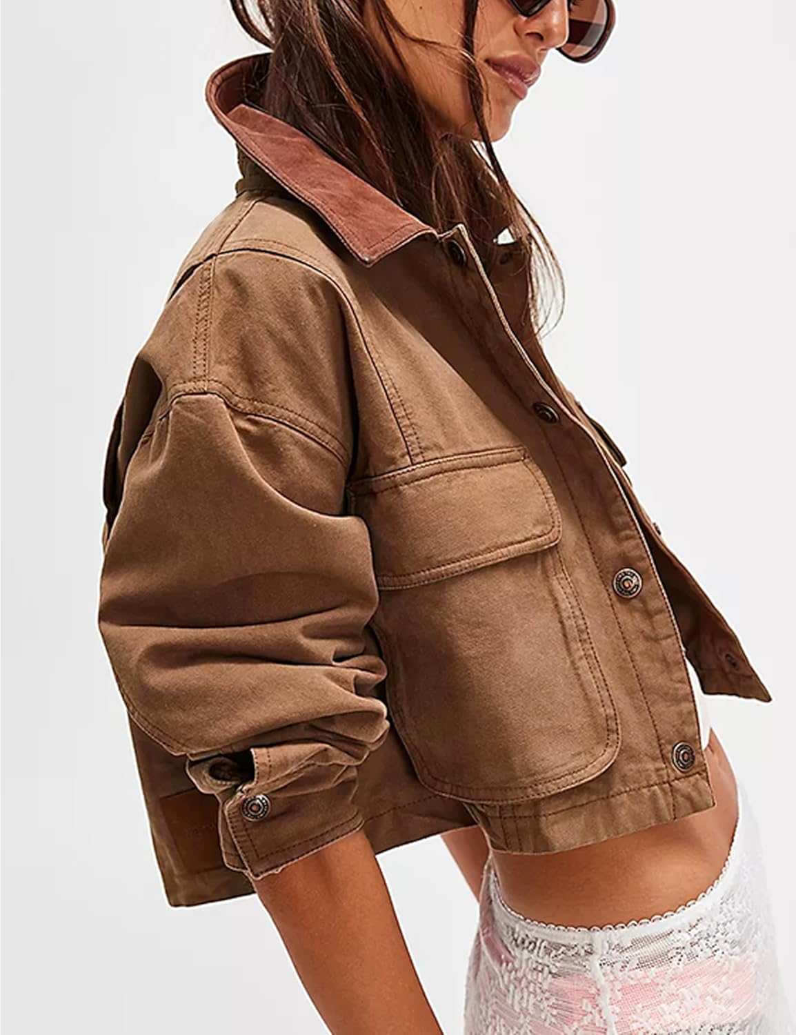 HangNiFang Cropped Barn Jacket for Women 2025 Contrast Collar Outwear Long Sleeve Cotton Short Cargo Jacket with Pockets - Image 2