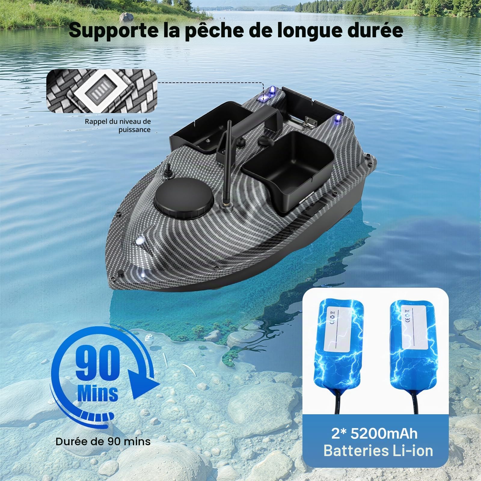 Bateau télécommandé, 600 m, Bateau de pêche avec GPS, capacité de Charge de 2 kg, 40 Points de positionnement, Moteurs Doubles, Bateau d'alimentation RC pour rivières, Lacs et Mers