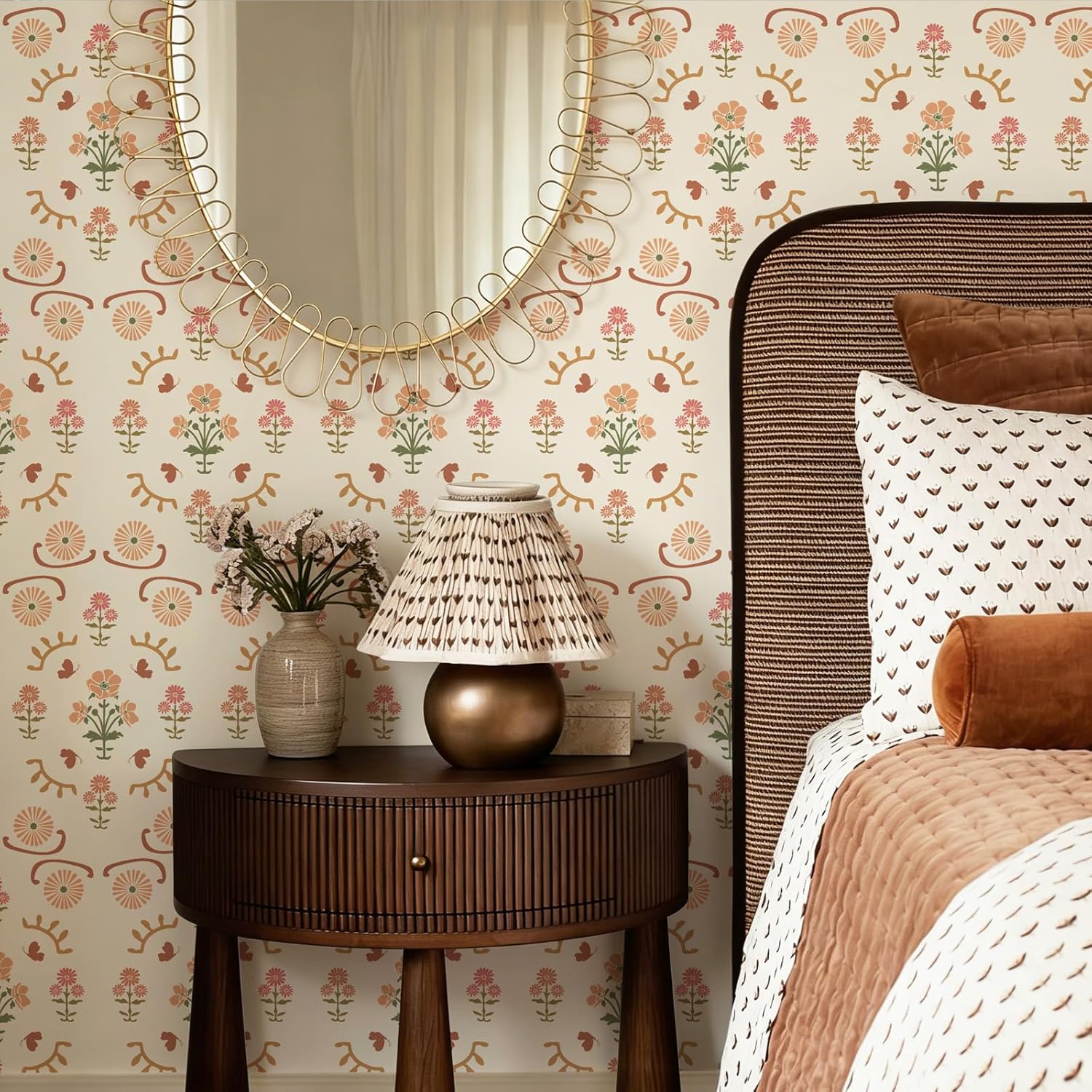 17.3" x 393.7" Boho Floral Peel and Stick Wallpaper Retro Daisy Flower Contact Paper for Cabinets Self Adheisve Vintage Wallpaper for Bedroom Gilrs Room Cabinets Drawers