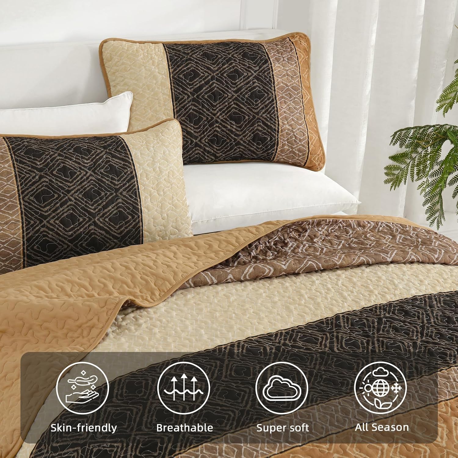 Condition photo showing As Is for cottolester fall quilt set california king,3 pieces,brown striped bedspread,boho plaid bedding set soft microfiber quilt with 2 pillow shams 110"x96" california king brown