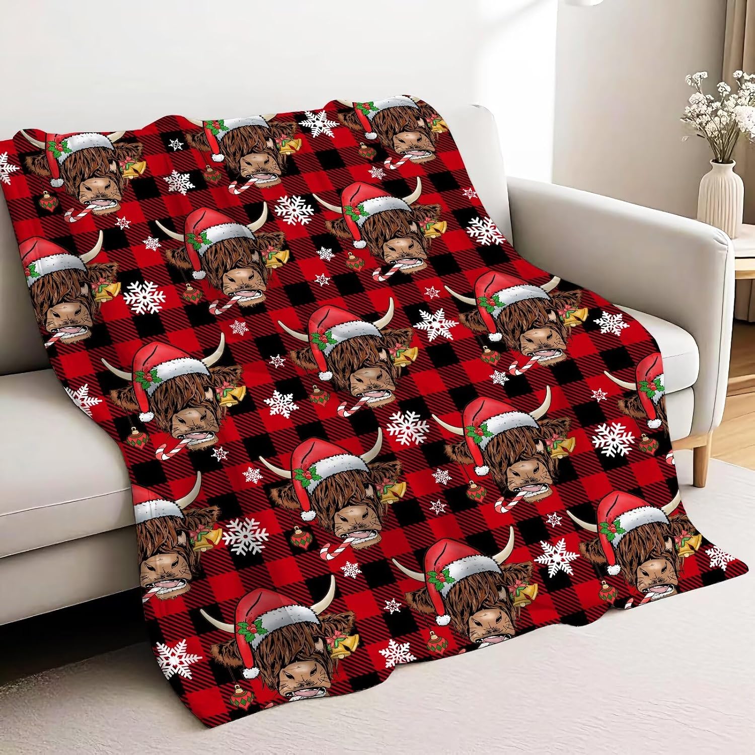 Red Plaid Mooey Christmas Cow Snowflake Blanket, 50"x40"Highland Cow Plush Gifts for Kids Candy Cane Xmas Santa Throw Blanket for Girls Boys, Calf Herd Snowman Flannel Fleece Blanket for Sofa Pet Bed