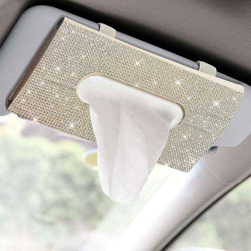 Porta-Lenços para Para-Sol Automotivo HQRNYP em Couro PU com Strass, Bege e Branco