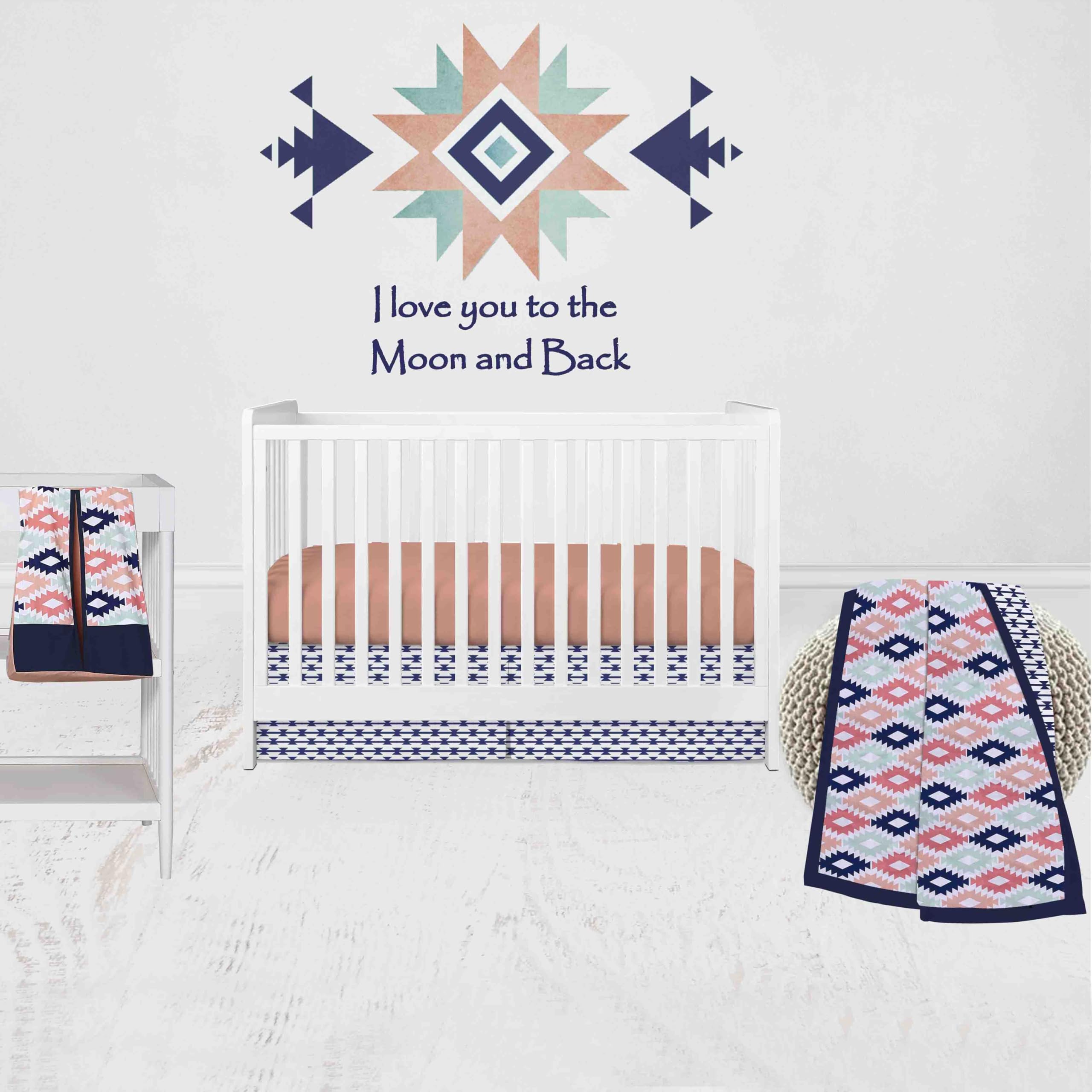 Bacati - Aztec Print Emma Coral Mint Navy 4 pc Crib Bedding Set with Diaper Caddy