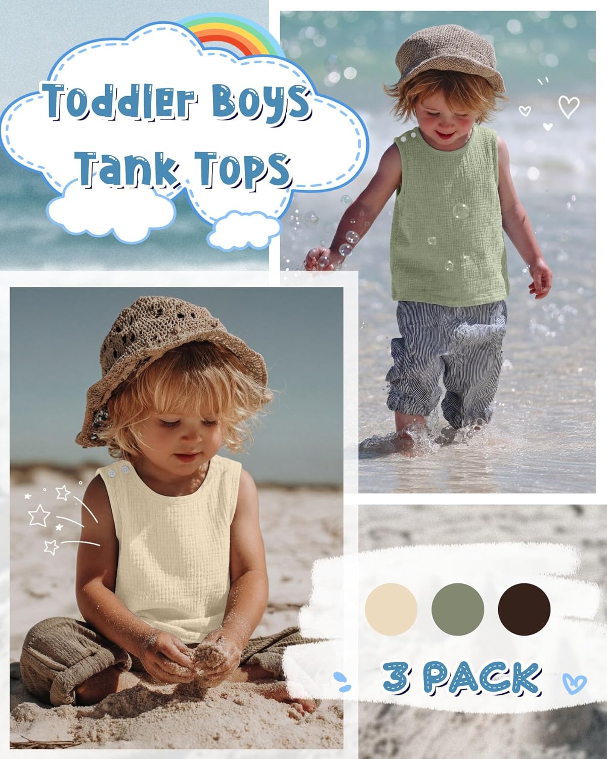 3 Pack Toddler Boys Tank Tops 100% Cotton Sleeveless Undershirts Crew Neck Loose Fit Kids Basic Summer Shirts