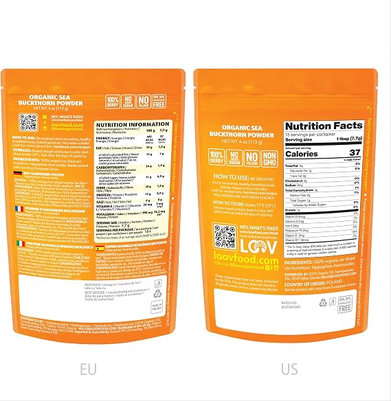 LOOV Organic Sea Buckthorn Powder, High in Fibre, Made from 100% Whole Berries, 113 g, Grown in Nordic Climate, Rich in Omega Blend, Vitamin C, Vitamin E, 23-Day Supply, No Added Sugar, Non-GMO