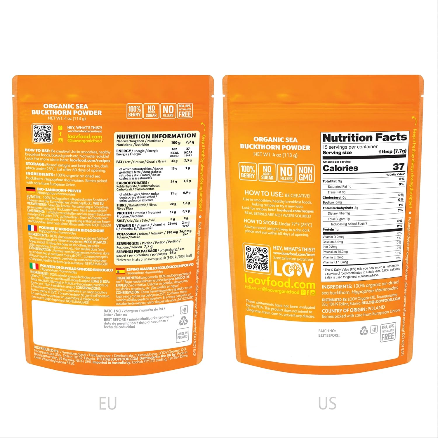 LOOV Organic Sea Buckthorn Berry Powder, High in Fiber, Omegas, Vitamin C, Vitamin E, Made from Whole Berries, 4 Oz, Grown in Nordic Climate, 23-Day Supply, No Added Sugar, Non-GMO