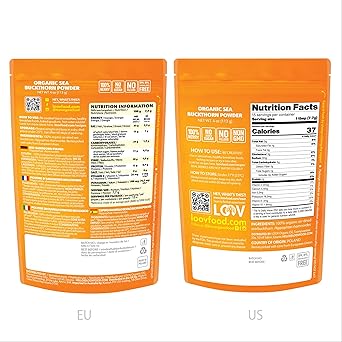 LOOV Organic Sea Buckthorn Berry Powder, High in Fiber, Omegas, Vitamin C, Vitamin E, Made from Whole Berries, 4 Oz, Grown in Nordic Climate, 23-Day Supply, No Added Sugar, Non-GMO