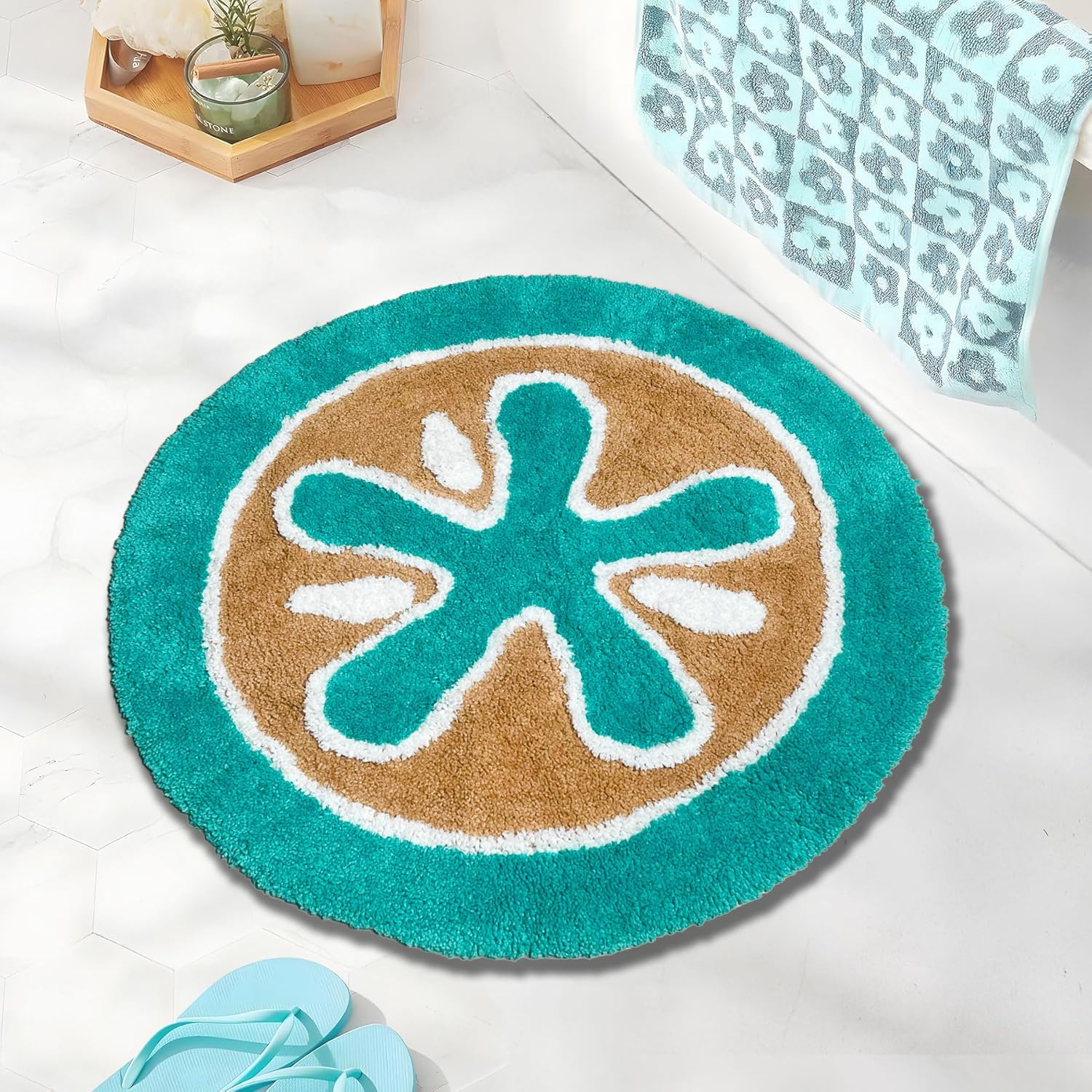 Chardin home Starfish Soft Microfiber Round Bath mat, Plush Water Absorbent Accent Rug for Bathroom Vanity, Bathtub/Shower Mat, Size: 27'' Round, Machine Washable, Dark Turquoise and Mocha Beige.