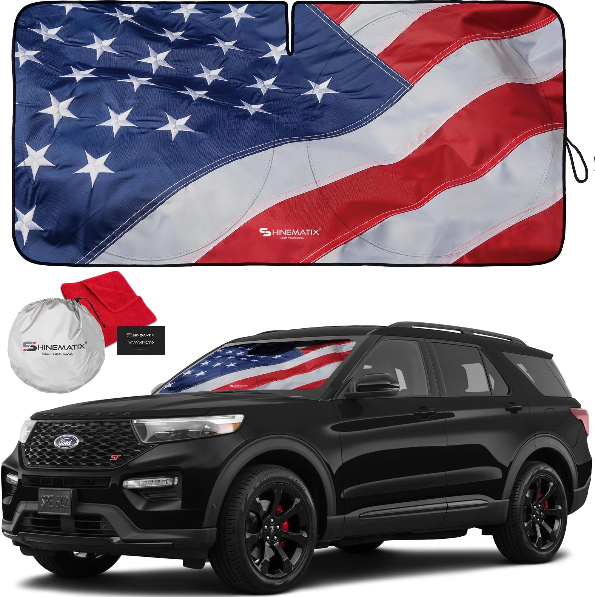 1-Piece Windshield Sunshade USA Flag Foldable Car Front Window Sun Shade for Most Cars SUV Truck - Heat Shield Auto Reflector Cover - Blocks Max UV Rays & Keeps Your Vehicle Cool - Medium