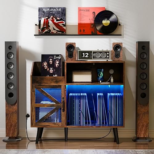 Miniatura 8 de Soporte rústico grande para tocadiscos con puerta magnética, armario de almacenamiento de discos de vinilo 350, mesa de tocadiscos con toma de