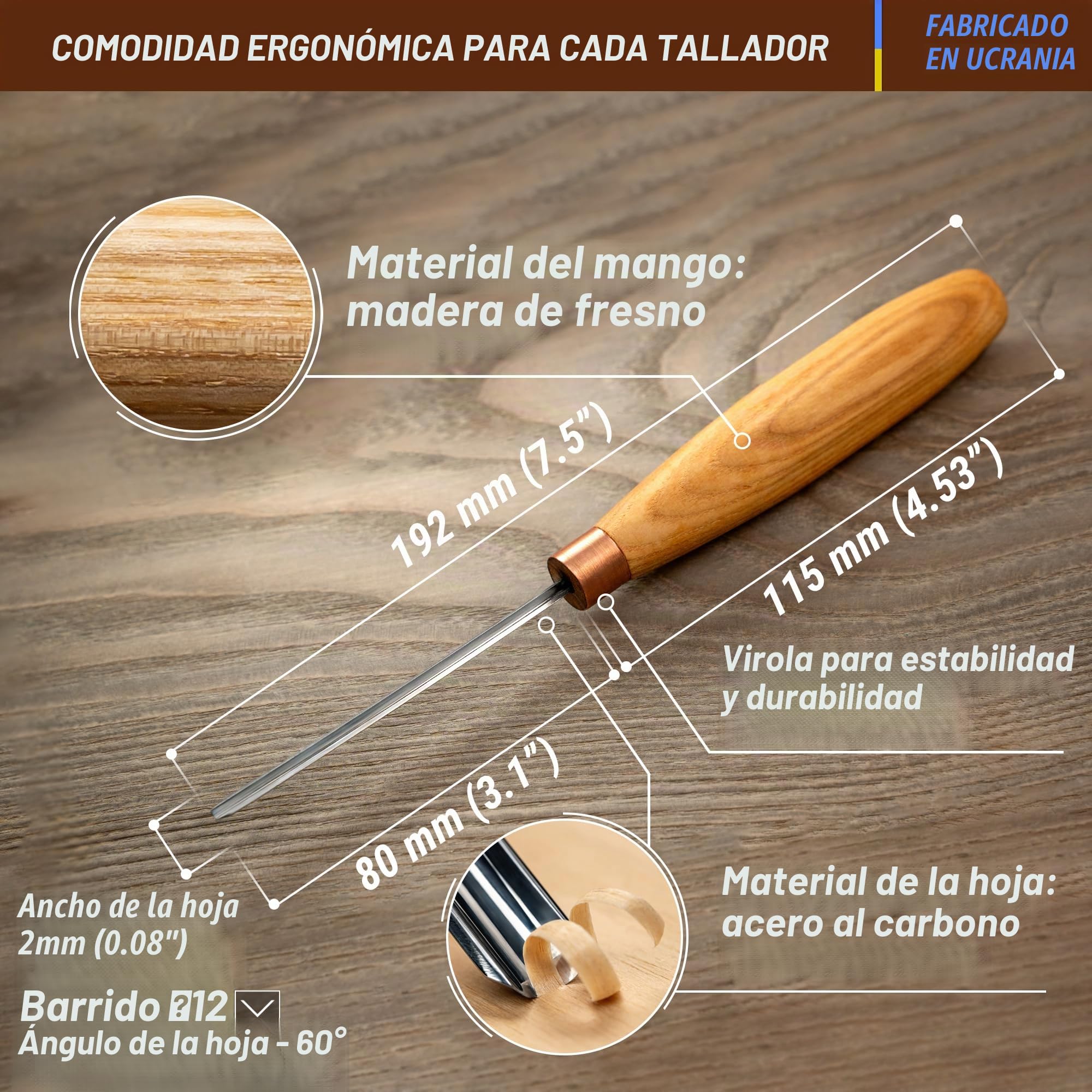BeaverCraft K12/02 Formón para Madera – Gubia para Tallar y Tallado en Relieve – Cincel de Mano Ergonómico para Carpintería – Herramienta Compacta para Principiantes y Profesionales