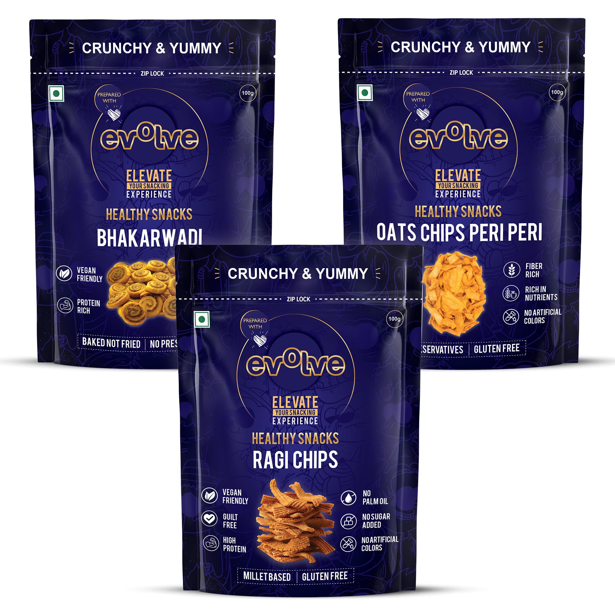 Evolve Combo Healthy Snacks for Kids, Adults | Baked Bhakarwadi, Ragi and Oats Chips | Vacuum Fried, Vegan, No Artificial Colors & Preservatives - Pack of 3 (100g Each) (B08HLB23NR) Amazon Price History, Amazon Price Tracker