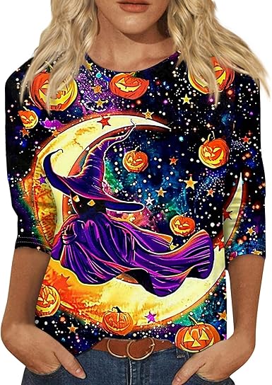Halloween Shirts for Women 3/4 Sleeve Plus Size Crewneck Loose Fit Cute T Shirt Halloween Costumes for Women 2025
