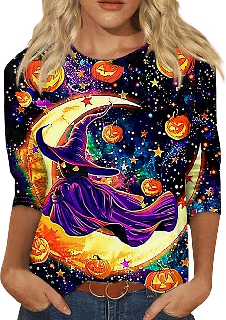 Halloween Shirts for Women 3/4 Sleeve Plus Size Crewneck Loose Fit Cute T Shirt Halloween Costumes for Women 2025