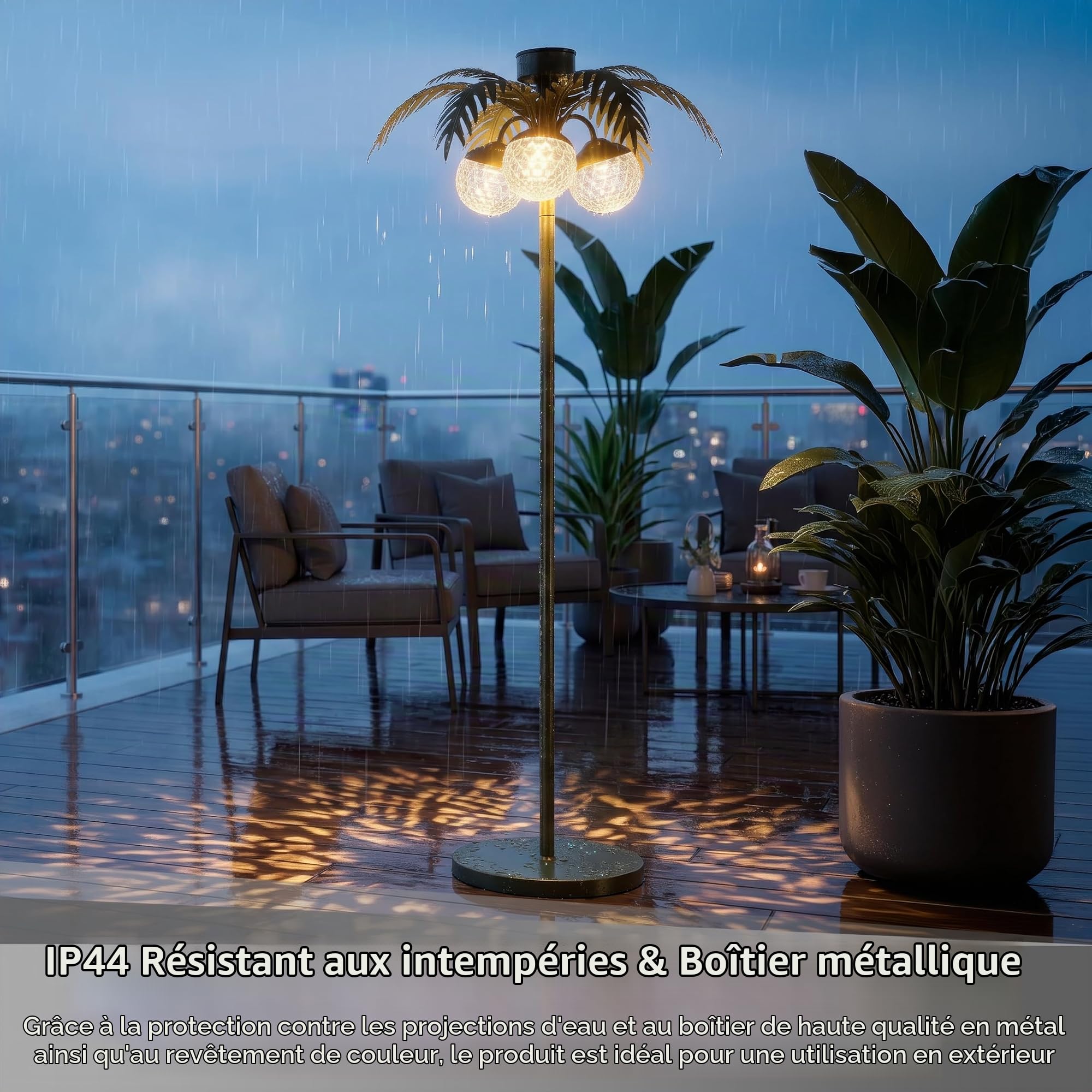 Lampe solaire LED en forme de palmier - Lampe de jardin extérieure LED avec capteur crépusculaire - Lumière blanche chaude 3000K - IP44 - Résistante aux intempéries - Pour balcon, terrasse