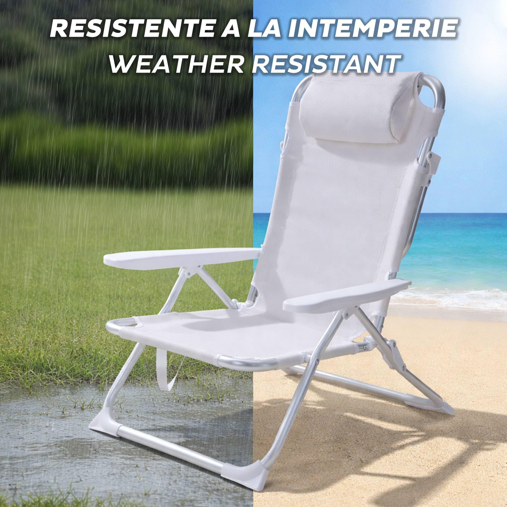 Well Home Silla de Playa Aluminio Tubo Ø22mm con Almohada, textilene 2x1 Tela Blanca, Altura Total 78cm, Asiento 47cm