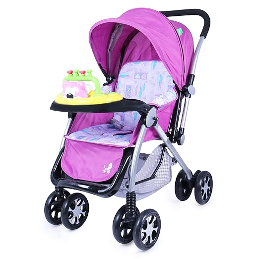 Musical Pram Cum Baby Stroller ,Easy Foldable Design, Wide Seating Space For Newborn Baby,Kids, 0-3 Years with Storage Basket, Extended Canopy, 360 Degree rotating Wheels and Adjustable Back Rest-Purple