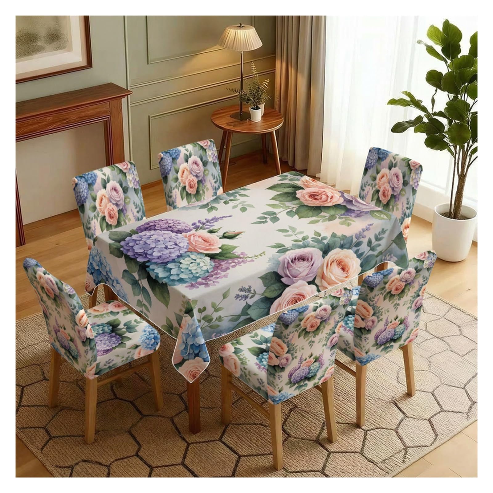 BOSUYBN Multi-Color Rose & Hydrangea Floral Print Dining Tablecloth & Chair Covers Set, 5/7 Piece Romantic Cottage Garden Dining Decor Table Setting(7pcs Set: Tablecloth+Chair Covers)