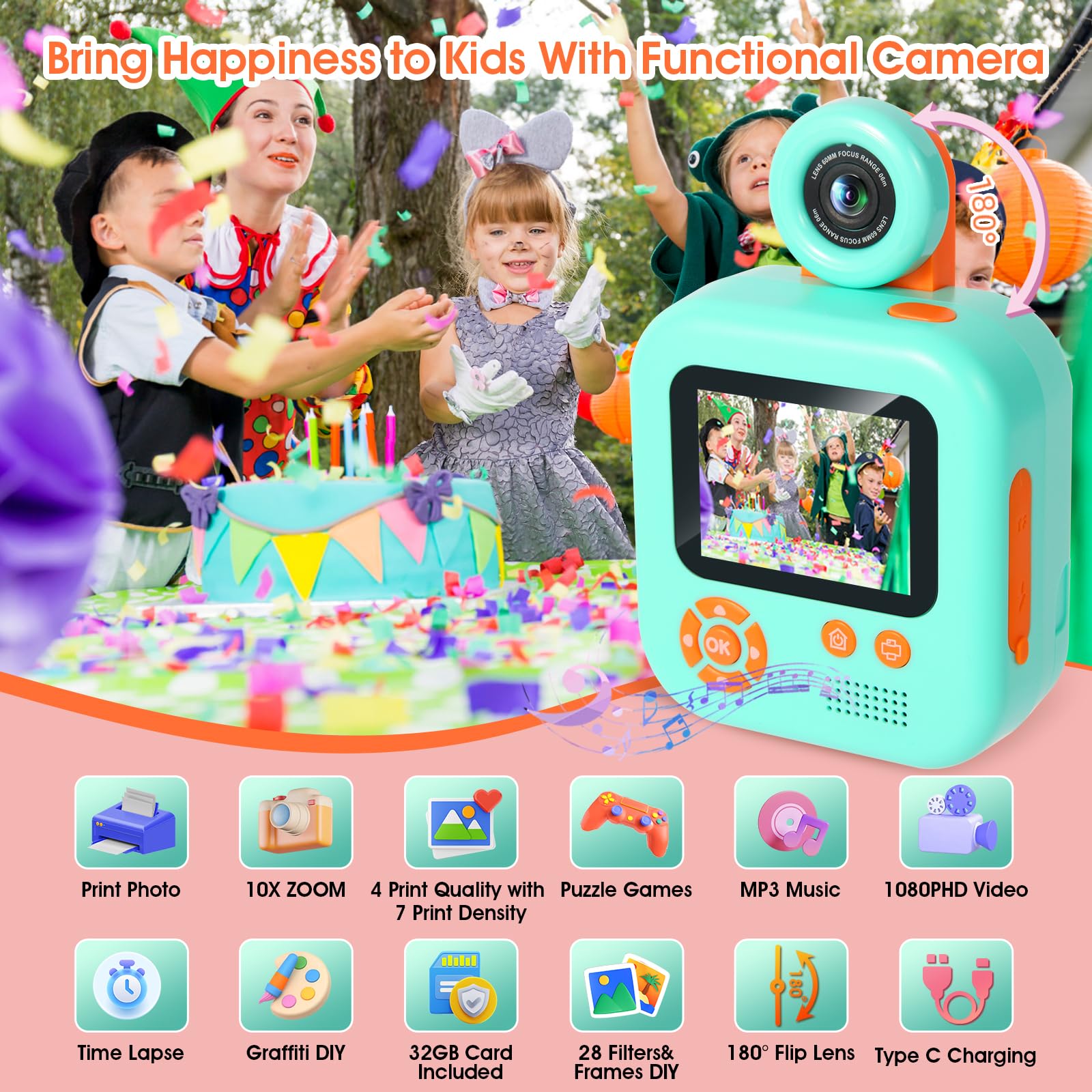 Macchina Fotografica Bambini Istantanea, ZUEOKAI 2,4" Fotocamera Istantanea Bambini con 180° Flip Obiettivo e 3 Stampa Carta, Fotocamera bambini con 32GB, Regalo Bambina Bambino 3 4 5 6 7 8 9 10 anni