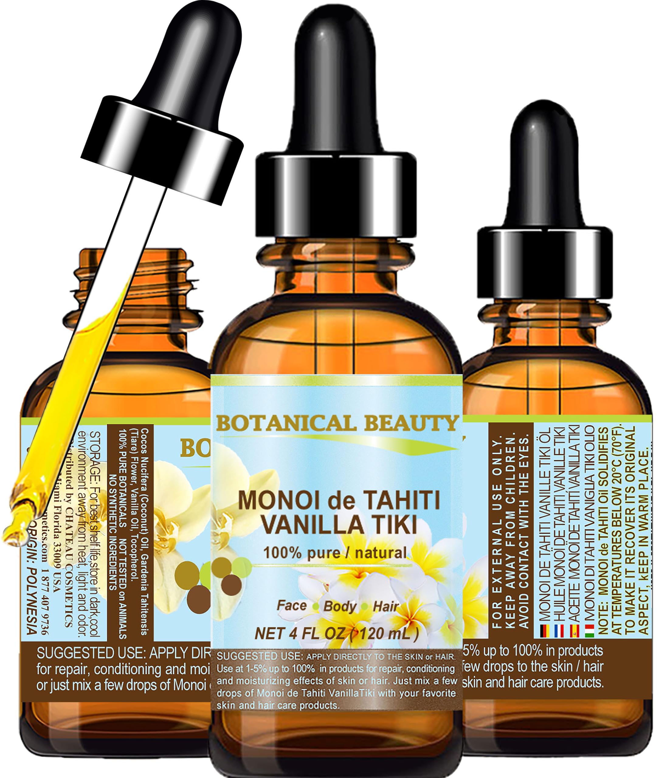 Botanical Beauty MONOI DE TAHITI Oil VANILLA TIKI 100% Pure Natural Undiluted Virgin Polynesia Original Guarantee. For Face, Hair and Body 4 fl.oz.- 120 ml