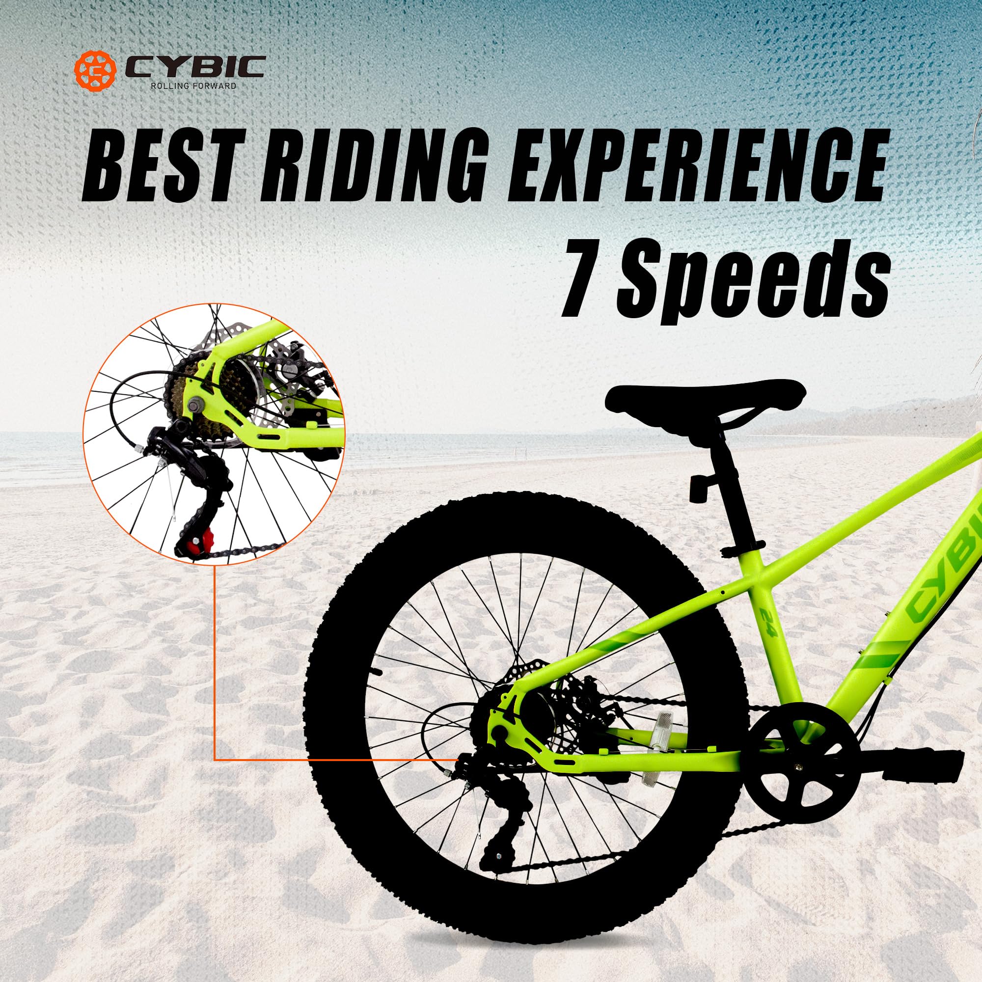 Fat Tire Mountain Bike 24 inch, 7 Speeds, with High Carbon Steel Frame, Double Disc Brake Fat Tire Bicycle (Yellow-Green)